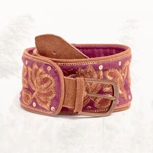 Nekane Purple Embroidered Cotton & Suede Wide Statement Belt Boho Artisan NWT